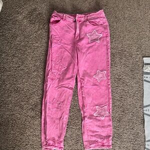 SHEIN Pink Star Patterned Ankle Jeans